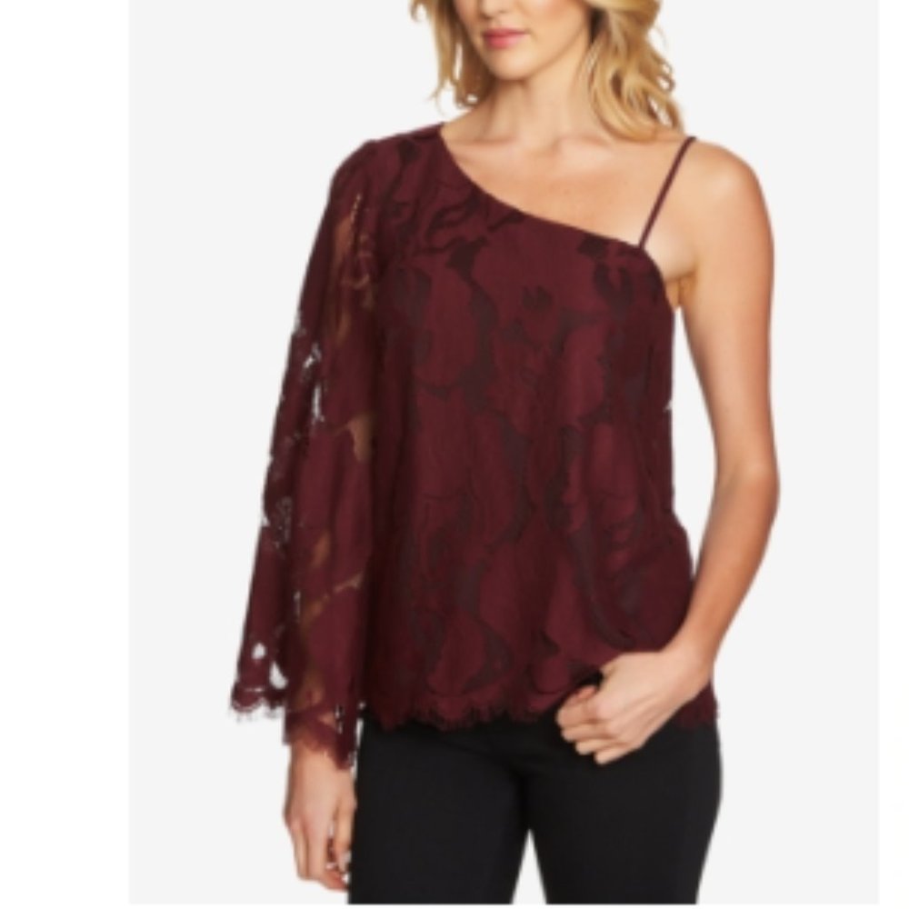 NWT 1. State The Curator One Shoulder Long Sleeve Burgundy Lace Blouse Womens M
